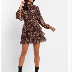 Leopard Print Smocked Mock Neck Tiered Ruffle Mini Dres